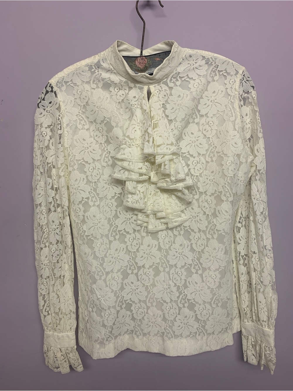 Elegant Romantic Ivory Lace Ruffle Front High Neck Blouse
